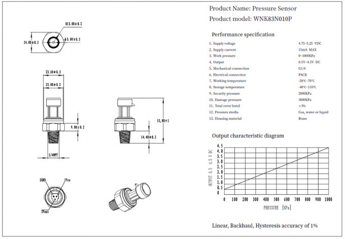 Capteur en laiton de pression du coût bas 0.5-4.5V pour la mesure de niveau liquide